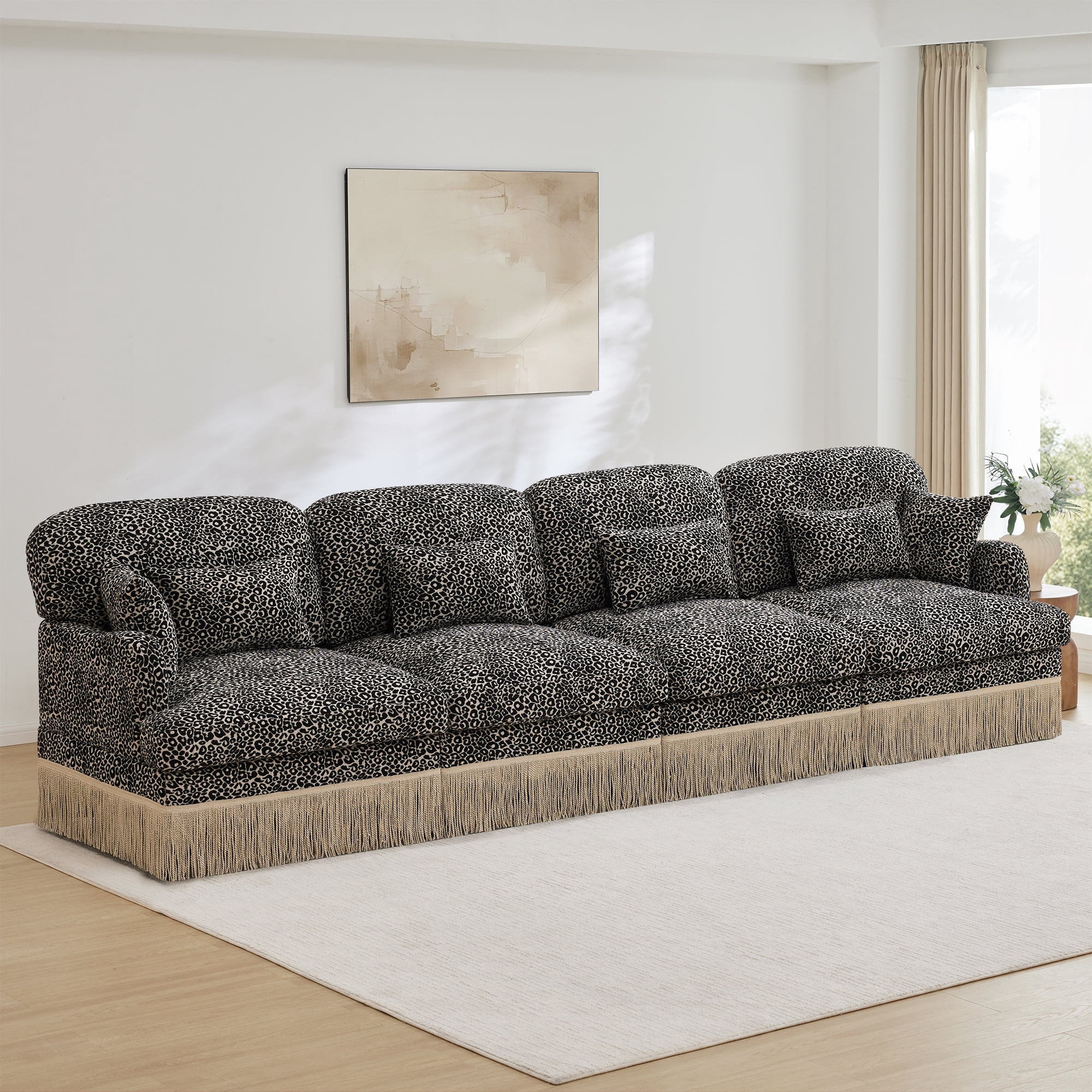 131" Chenille Leopard Tassel Deep Seat 4 Seater Sofa Couch with 6 Throw Pillows