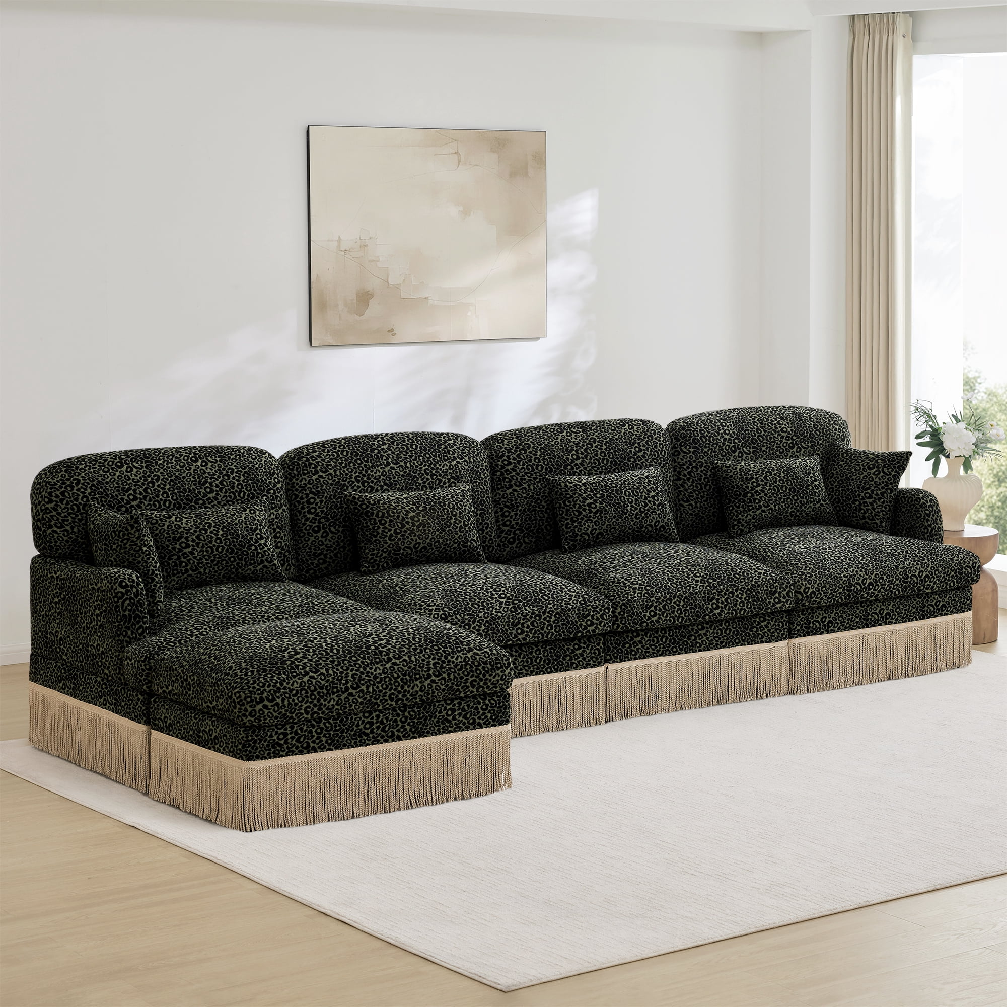 131" Chenille Leopard Tassel Deep Seat L Shape 4 Seater Modular Sofa Couch with 6 Throw Pillows and Ottoman