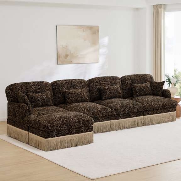 131" Chenille Leopard Tassel Deep Seat L Shape 4 Seater Modular Sofa Couch with 6 Throw Pillows and Ottoman