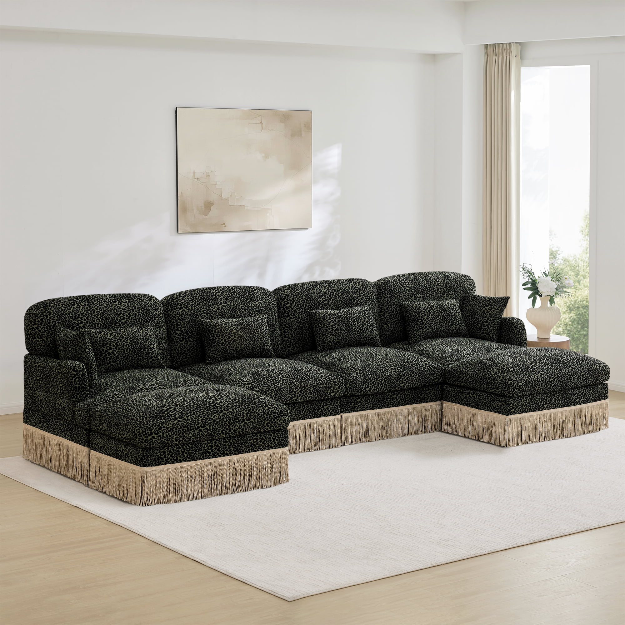 131" Chenille Leopard Tassel Deep Seat U Shape 4 Seater Modular Sofa Couch with 6 Throw Pillows and 2 Ottoman
