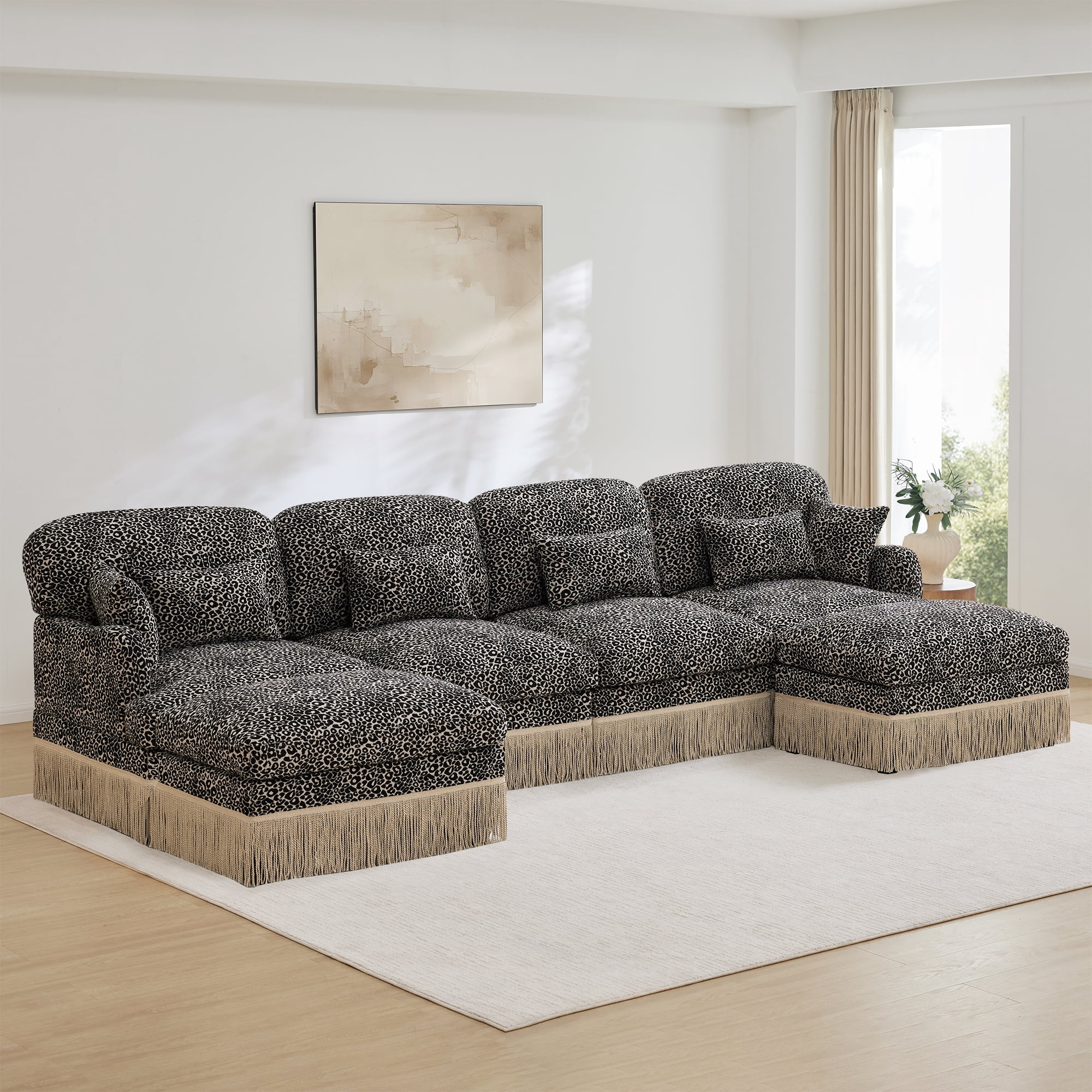 131" Chenille Leopard Tassel Deep Seat U Shape 4 Seater Modular Sofa Couch with 6 Throw Pillows and 2 Ottoman