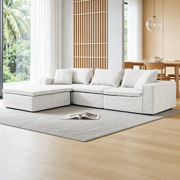 131" Cloud Modular Sofa, Oversized Sectional Couch with Washable Linen Fabric Covers, L-Shaped Deep Seat Sofa with Ottoman, Down Filled Convertible Furniture for Living Room,White