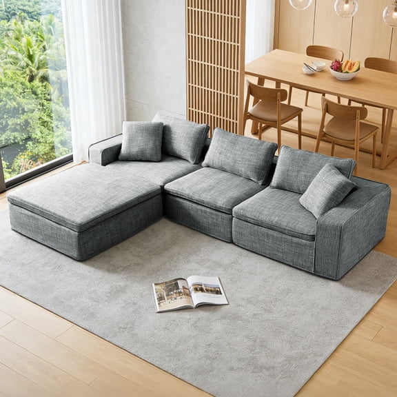 131" Cloud Modular Sofa, Oversized Sectional Couch with Washable Linen Fabric Covers, L-Shaped Deep Seat Sofa with Ottoman, Down Filled Convertible Furniture for Living Room,Black