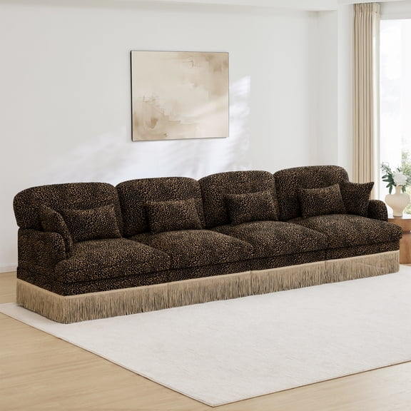 131" Comfy Chenille Leopard Print 4-Seater Sofa,,Delicate Tassel Edge,Modern Fashion Modular Sectional Couch,Ergonomic Bottom Design, Easy Assembly,Deep Seat Design for Living Room,Brown Black