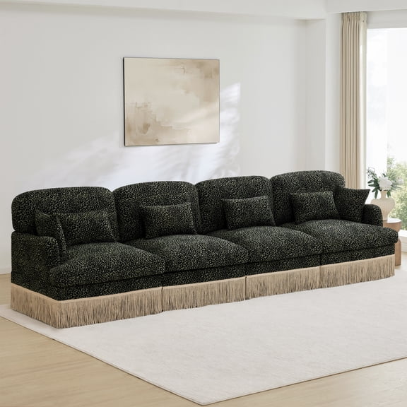 131" Comfy Chenille Leopard Printing 4-Seater Sofa,Delicate Tassel Edge,Modern Fashion Modular Sectional Couch,Ergonomic Back and Seat Design,Easy Assembly,Deep Seat Design for Living Room,Green bla