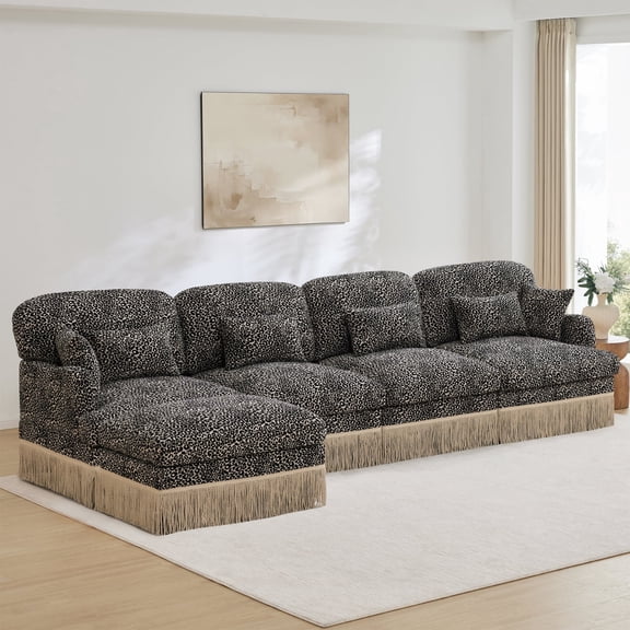 131"Comfy Chenille Leopard Printing L-Shaped Sofa,Delicate Tassel Edge,Movable Ottoman,Modern Fashion Style,Ergonomic Back and Seat Design,Easy Assembly,Deep Seat Design for Living Room,Khaki black N