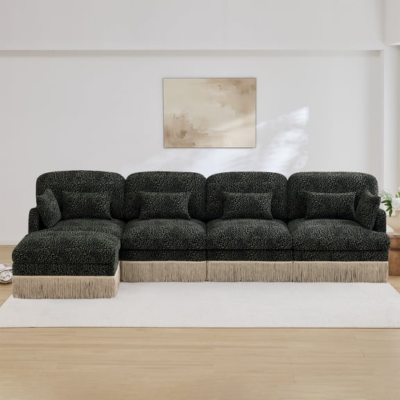 131"Comfy Chenille Leopard Printing L-Shaped Sofa,Delicate Tassel Edge,Movable Ottoman,Modern Fashion Style,Ergonomic Back and Seat Design,Easy Assembly,Deep Seat Design for Living Room,Green black