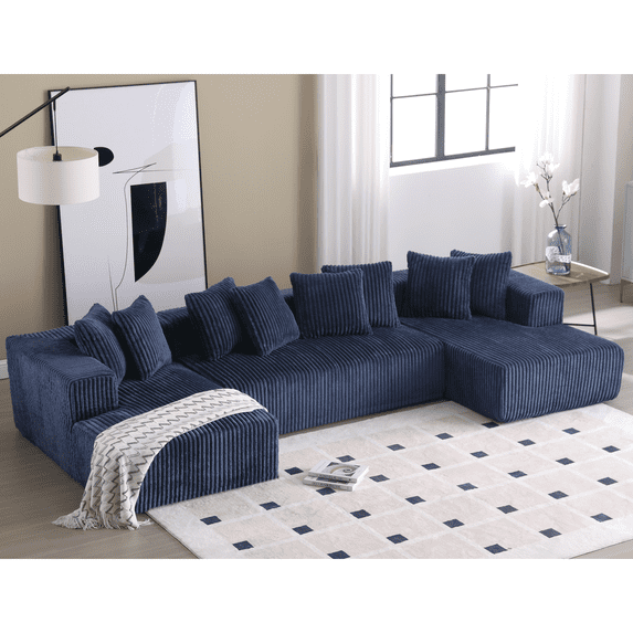 131'' Modular Sectional Couch, U-Shaped Sofa with Chaise Lounge, Blue Striped Corduroy Fabric, Upholstered 4-Seater, Free Combination, for Living Room Bedroom