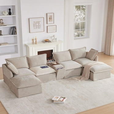 131'' Modular Sectional Sofa with Charging and Console, U Shaped Chenille Cloud Couch with Cup Holders and Hidden Storage, Oversized 6 Seat Sofa for Living Room, Khaki