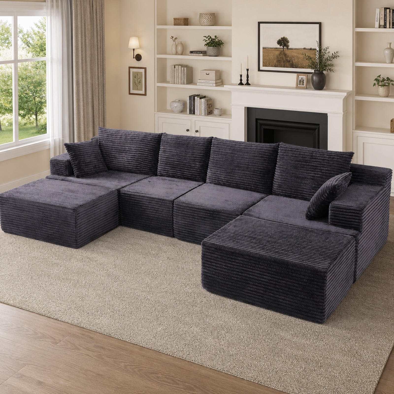 131" Oversized U Shaped Boneless Modular Sectional Sofa with 2 Ottoman and 6 Pillows