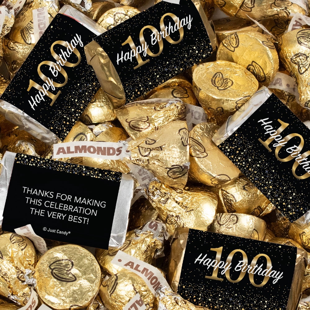 124 Pcs 100th Birthday Candy Party Favors Hershey's Miniatures & Gold Almond Kisses (1.52 lbs)
