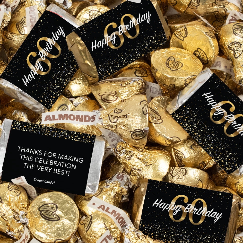 124 Pcs 60th Birthday Candy Party Favors Hershey's Miniatures and Gold Almond Kisses by Just Candy (1.52 lbs)