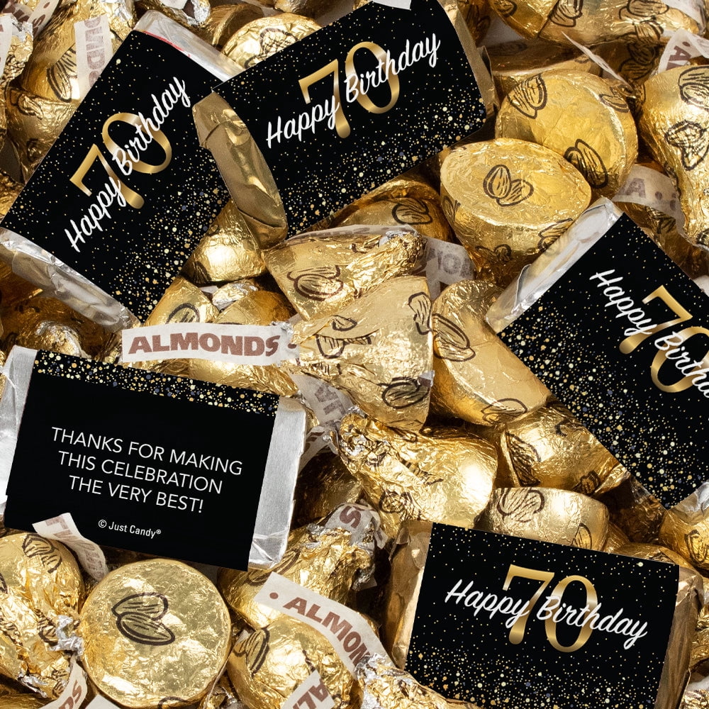 124 Pcs 70th Birthday Candy Party Favors Hershey's Miniatures and Gold Almond Kisses by Just Candy (1.52 lbs)