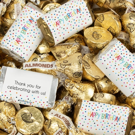 128 Pcs Birthday Candy Party Favors Hershey's Miniatures & Gold Almond Kisses (1.58 lbs) - Dots