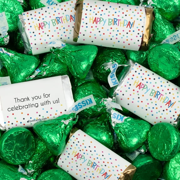 131 Pcs Birthday Candy Party Favors Hershey's Miniatures & Green Kisses (1.65 lbs) - Dots