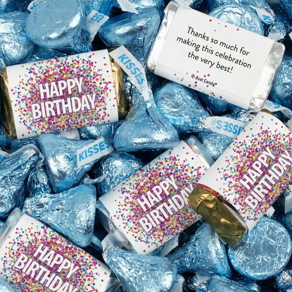 131 Pcs Birthday Candy Party Favors Hershey's Miniatures and Light Blue Kisses by Just Candy (1.65 lbs approx. 131 Pcs)