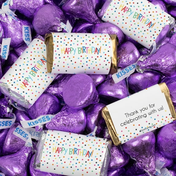 131 Pcs Birthday Candy Party Favors Hershey's Miniatures & Purple Kisses (1.65 lbs) - Dots