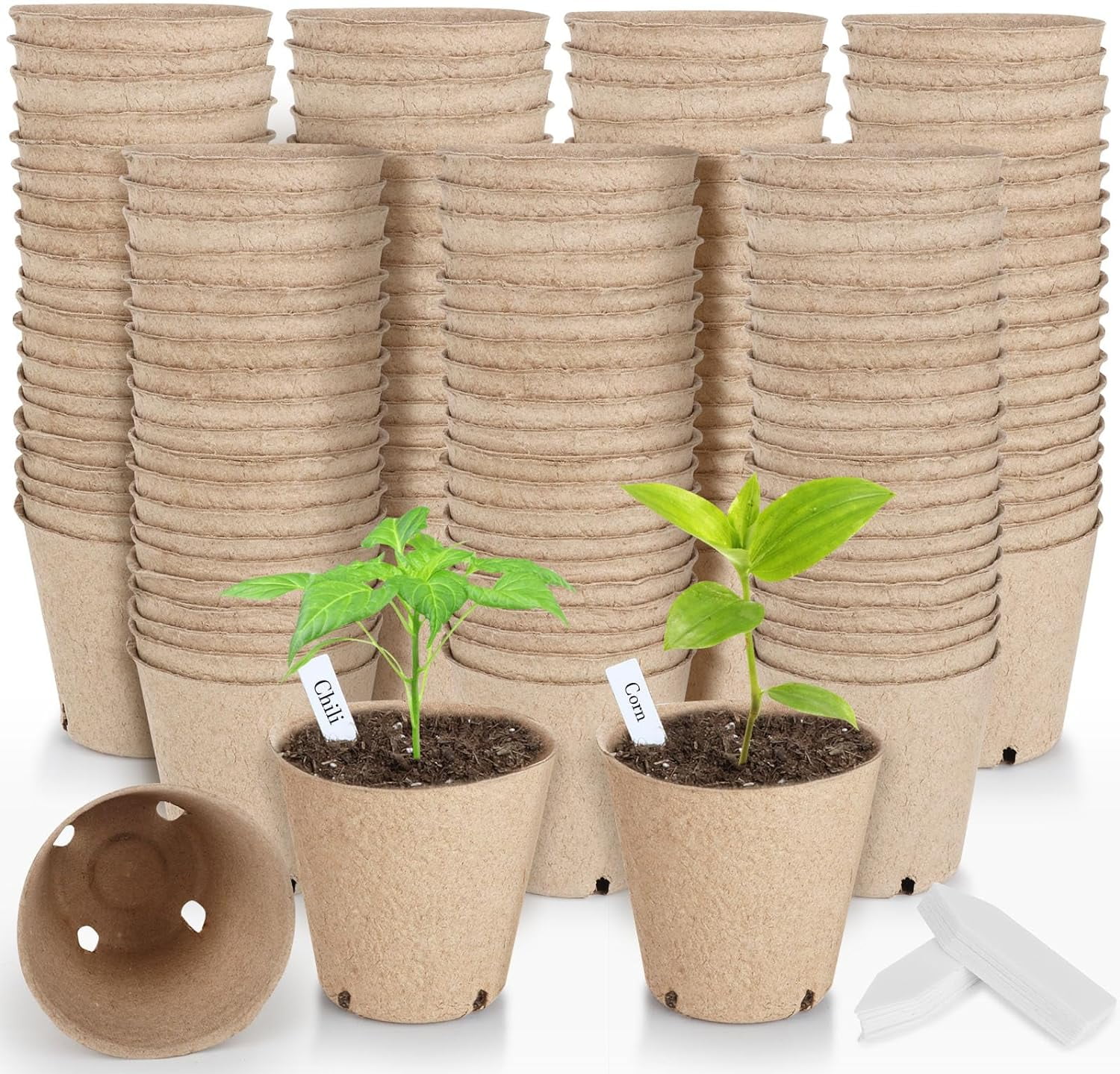 131 Pcs Organic Peat Pots, 3.15 Inch Nursery Pot, Round Plant Seedling Pots with Drainage Holes, Small Seed Starting Starter Tray Bulk, Garden Germination Container with 131 Planting Labels