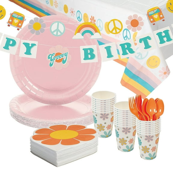 131 Pieces Groovy Birthday Party Disposable Tableware Kit for 24 Guests