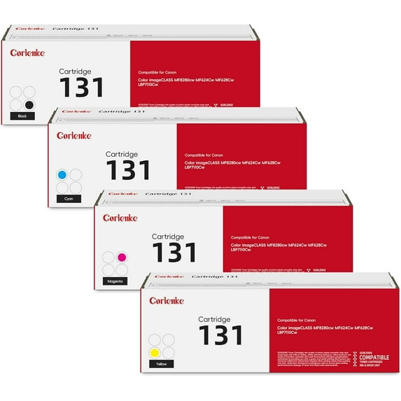 131 Toner Cartridge Bundle CRG-131 (4-Pack, Black, Cyan, Magenta, Yellow) Replacement for Canon Toner Cartridge 131 to use with ImageClass MF8280Cw MF624Cw MF628Cw LBP7110Cw Printer