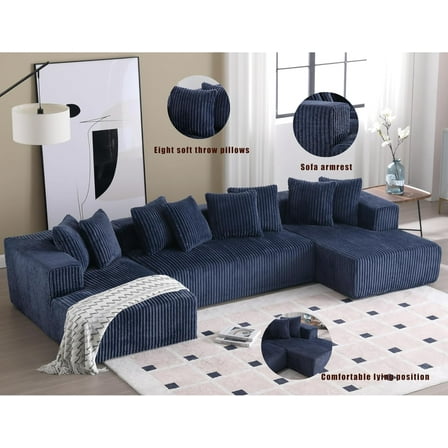 131'' U Shaped Sofa, Corduroy Fabric Modular Sectional Couch with Chaise Lounge, Upholstered 4 Seater Couch for Living Room, Bedroom, Free Combination Blue