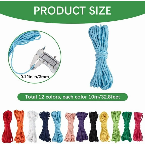 131 Yards/120M 12 Colors Natural Cotton Cording Colored Macrame Cord 3mm Soft Twist Yarn Waxed Sewing Twine String Threads Rope for DIY Crafts Artworks Hanging Knitting Supplies