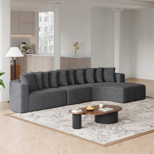 131-inch Chenille Sectional Sofa Set, Modern Cloud Curved L-Shaped Sofa with 10 Pillows, Large Fabric Corner Couch for Living Room, Right Chaise, Grey