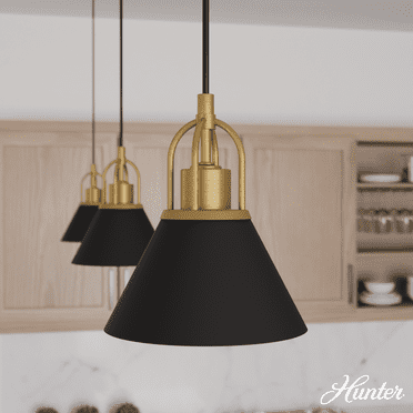 Hunter - Carrington Isle 1-light Matte Black, Mini Pendant Light, Dimmable, Casual Style, Cone Shaped, for Bedrooms, Kitchens, Dining, Living Rooms - 13164