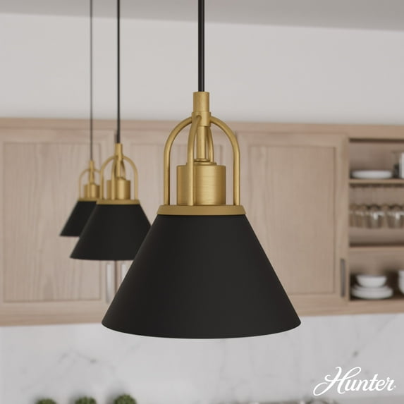 Hunter - Carrington Isle 1-light Matte Black, Mini Pendant Light, Dimmable, Casual Style, Cone Shaped, for Bedrooms, Dining, Living Rooms - 13164