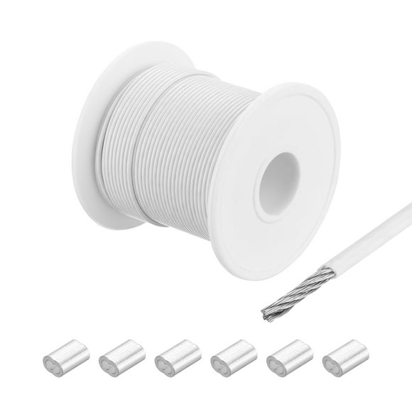 Uxcell 131ft Wire Rope 304 Stainless Steel Cable 1/16" Vinyl Coated with 6Pcs Aluminum Sleeves White