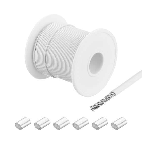 Uxcell 131ft Wire Rope 304 Stainless Steel Cable 1/16" Vinyl Coated with 6Pcs Aluminum Sleeves White