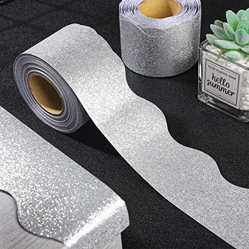 131Ft Silver Glitter Bulletin Board Borders Silver Scalloped Bulletin Board Trims Shiny Decorative Border Trims Sparkle Self-Adhesive Border Stickers for Classroom School Home Office Blackboard Desk