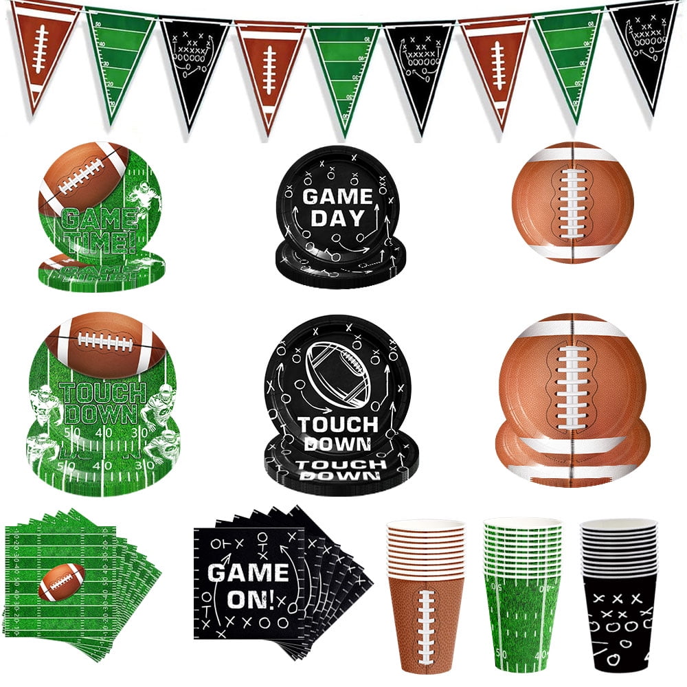 131PCS Football Party Supplies Kit Paper Dinner Plates, Dessert Plates, Napkins, Cups,Banner Birthday Football Tableware for Touchdown Game Day Tailgate Sport Party Decoration,Serve 30