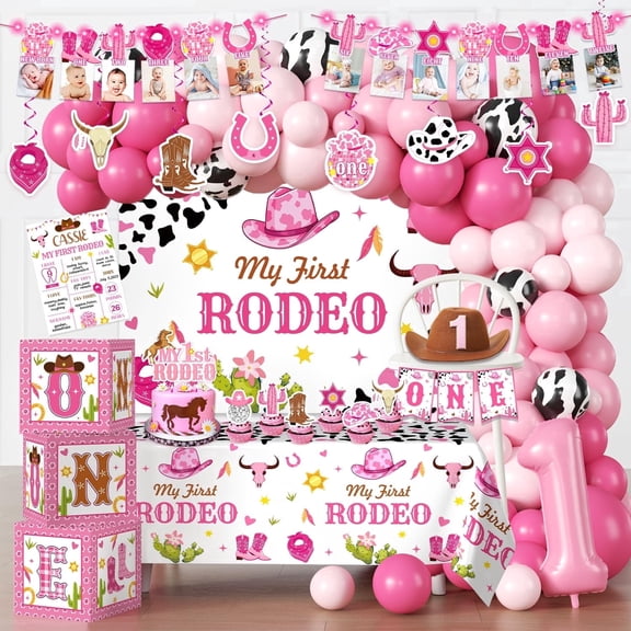 Morabloomy Party Decoration Kit, My First Rodeo Birthday Theme, Complete Pink Party Set, 131 Pieces, with Balloon Arch