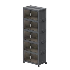 131QT 5 TierStackable Storage Bins with Magnetic Front Door & Top Lid, Collapsible Plastic Foldable Storage Cabinet, Closet Organizer for Bedroom, Kitchen, Bathroom Gray 5T