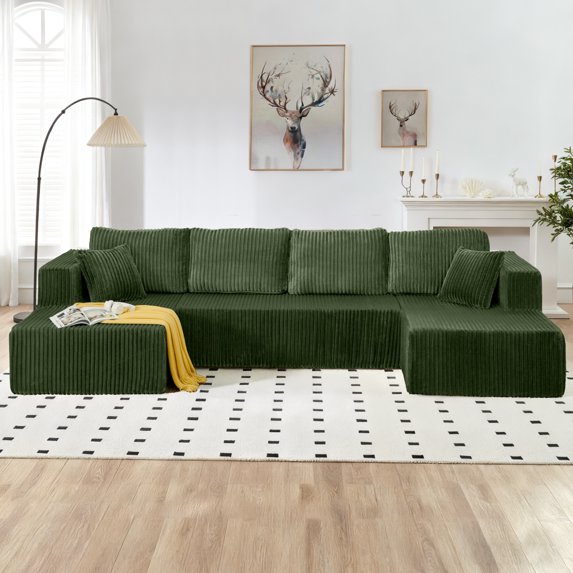 132.48" Boneless Couch, Green Sectional Couches for Living Room, Compressed Corduroy Sleeper Sofa, No Assembly