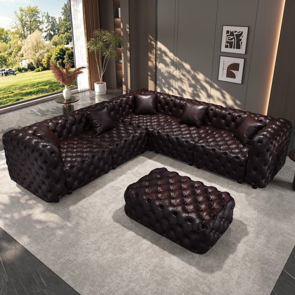 132.5" L Shaped Modern Sofa Set, Faux Leather Upholstered Modular 5-Seater Sectional Couch with Pure Handmade Button Tufted Design, 1 Ottoman & 5 Pillows, Multi Combination for Living Room,Dark Brown
