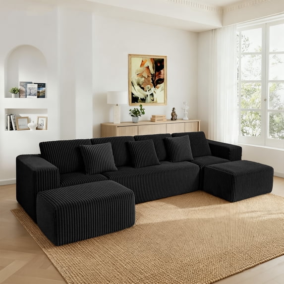 132.58" Boneless Couch, Black Modern Sectional Couch for Living Room, Modular U-Shaped 4-Seater Chaise Lounge with Reversible Design, Striped Corduroy Fabric, Freely Configurable Layout