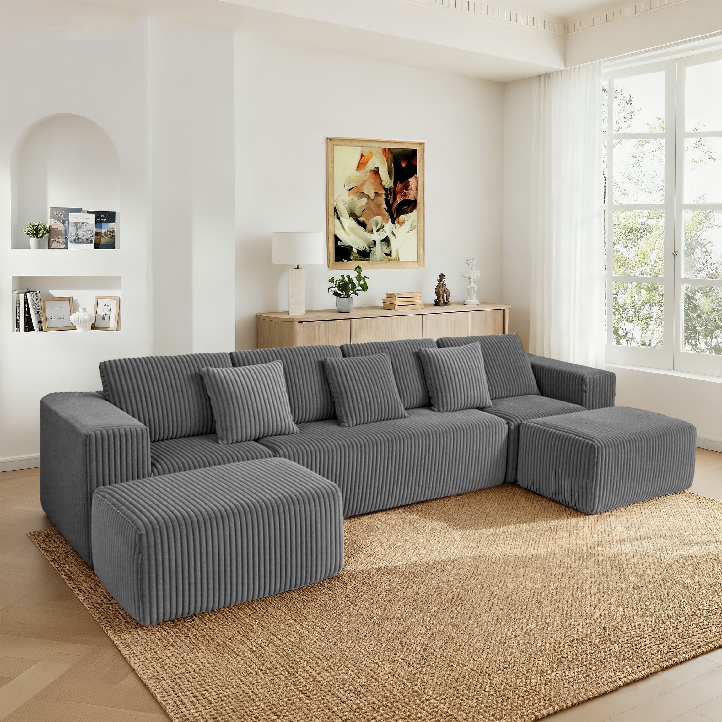 132.58" Boneless Couch, Gray Modern Sectional Couch for Living Room, Modular U-Shaped 4-Seater Chaise Lounge with Reversible Design, Striped Corduroy Fabric, Freely Configurable Layout