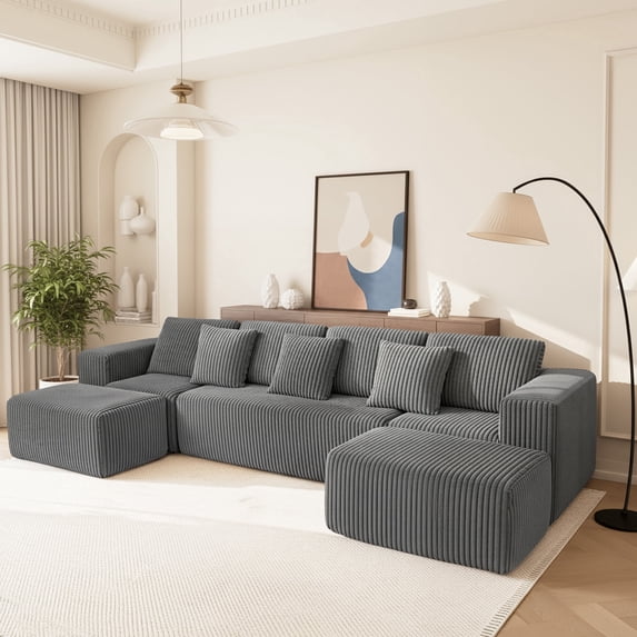 132" Cloud Couch, Gray U-Shaped Sectional Sofa For Living Room, Modular 4-Seater Chaise Lounge with Reversible Design, Striped Corduroy Fabric, No Assembly