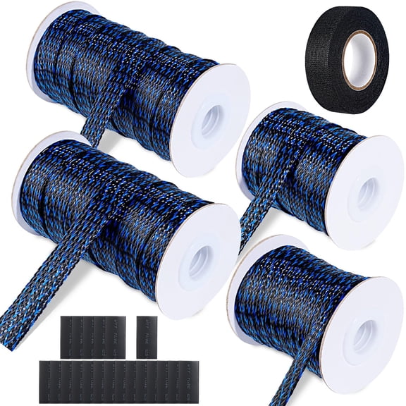 132 Ft Expandable Braided Cable Sleeve Wire Loom Pet Sleeving Wrap Management For Audio Video And Other Home Device Automotive - (1/2 Inch 1/4 3/8 3/4 Blue)