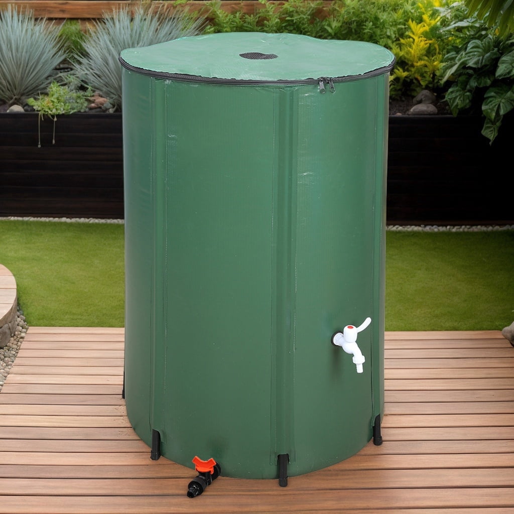 132-Gallon Collapsible Outdoor Rain Barrel Featuring Drain Spigot - Eco-Conscious Water Storing System in Green