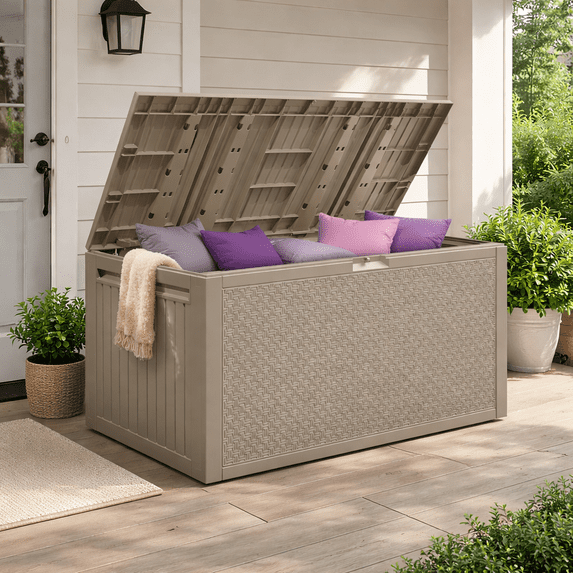 90Gal Outdoor Storage Box, Seizeen PE Rattan Patio Deck Box with Handles, Khaki Maze Storage for Outside Furniture Cushions Toys Garden Pool, Maximum Load 485LBS