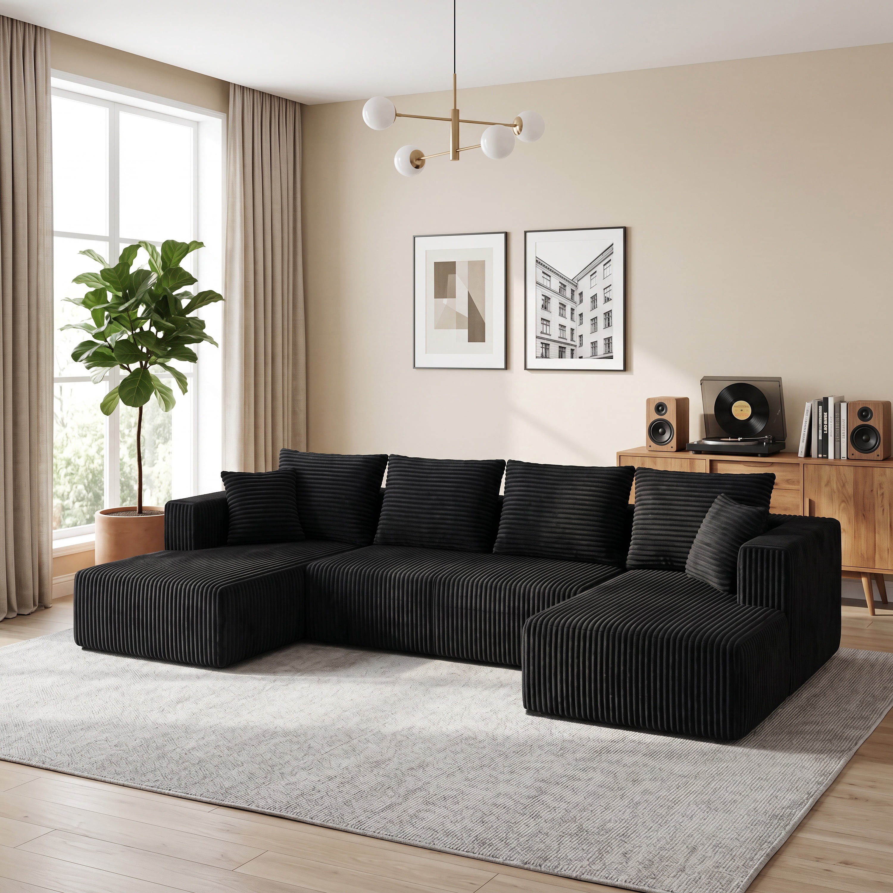 132-Inch U-Shaped Modular Sectional Sofa with Double Chaise, Corduroy Cloud Couch with Oversized Deep Seat for Living Room and Apartment, Black