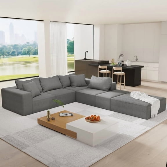 132" L-Shaped Modular Sectional Sofa Set, 6-Seat Grey Chenille, 6 Pillows Included, Free Combination, No Assembly Required for Living Room & Bedroom