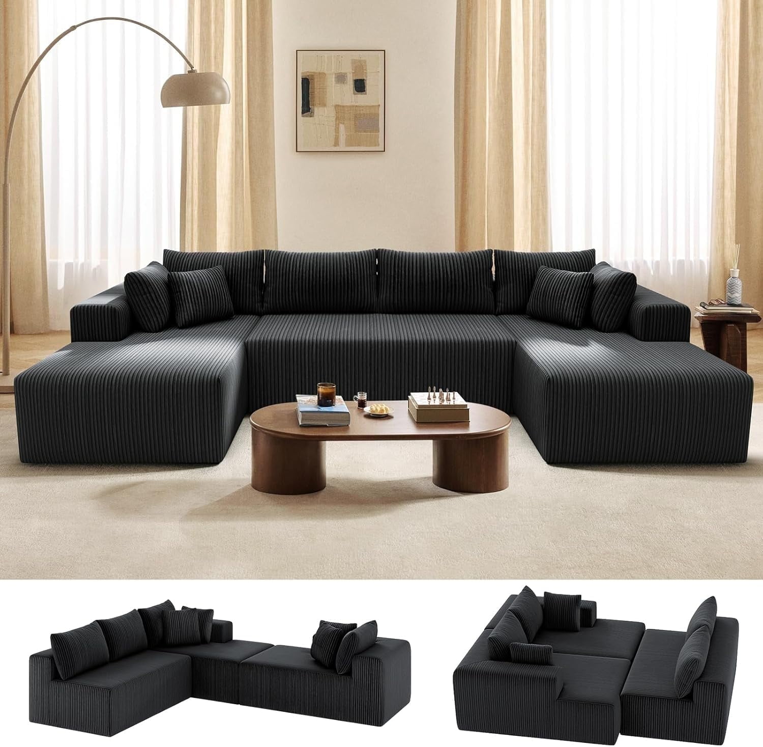 132''Modular Boneless Couches for Living Room, Corduroy Deep Seat Sofa with 2 Chaise Lounges and 1 Loveseat