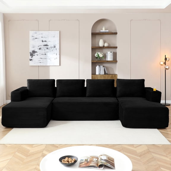 Vanress 132" Oversized Cloud Boneless Sofa Couch, Modern Corduroy U Shaped Modular Sectional Sofa with Deep Seat, Comfy Couch with Cupholders and Storage, for Living Room, No Assembly, Black