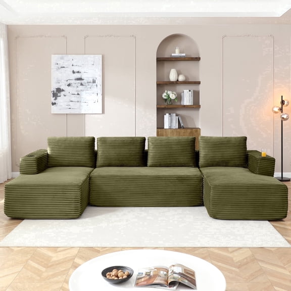 Vanress 132" Oversized Cloud Boneless Sofa Couch, Modern Corduroy U Shaped Modular Sectional Sofa with Deep Seat, Comfy Couch with Cupholders and Storage, for Living Room, No Assembly, Green