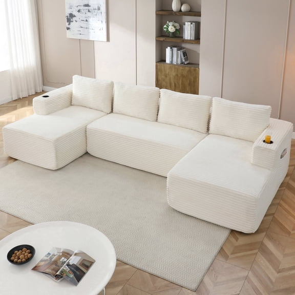 132" Oversized Cloud Boneless Sofa Couch, Modern Corduroy U Shaped Modular Sectional Sofa with Deep Seat, Comfy Couch with Cupholders and Storage, for Living Room, No Assembly Required, Beige