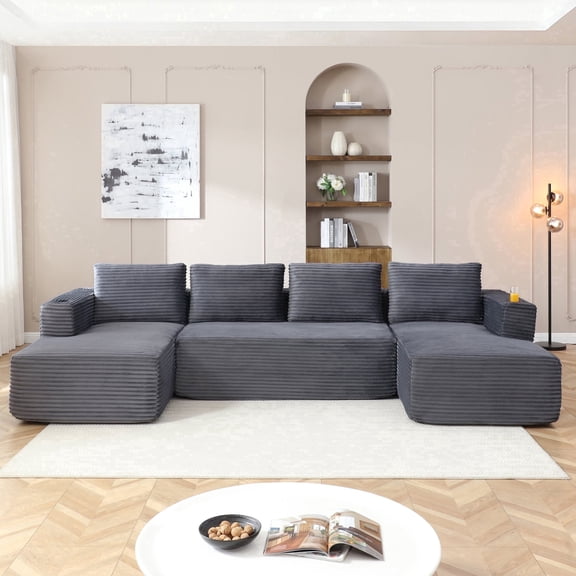 Vanress 132" Oversized Cloud Boneless Sofa Couch, Modern Corduroy U Shaped Modular Sectional Sofa with Deep Seat, Comfy Couch with Cupholders and Storage, for Living Room, No Assembly, Grey